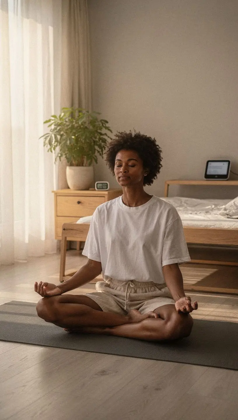 Person balancing a smartphone and a simple notebook.